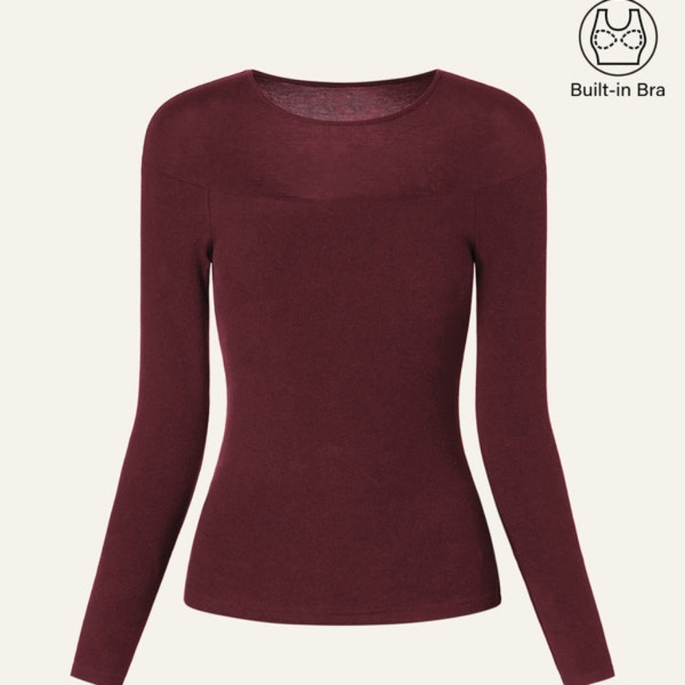 OGL Light ThermalTencel Wool Sheer Shoulder Brami Top - Ruby & Off White - Picture 4 of 10